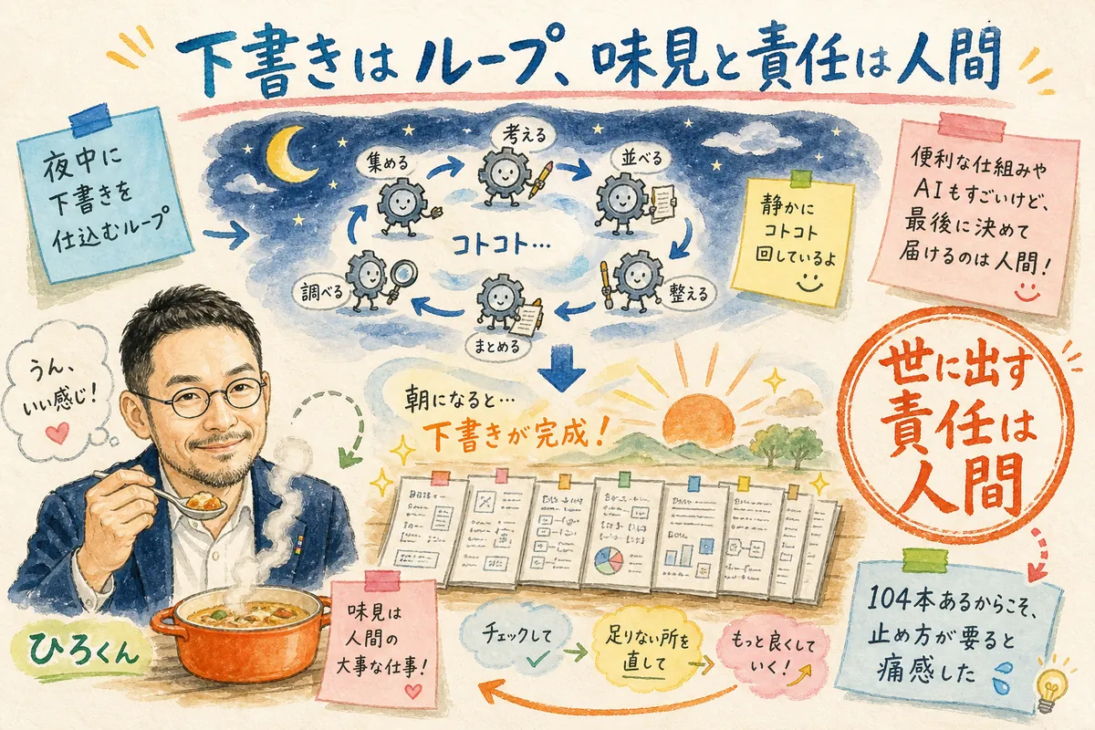 下書きはループ、味見と責任は人間の図解