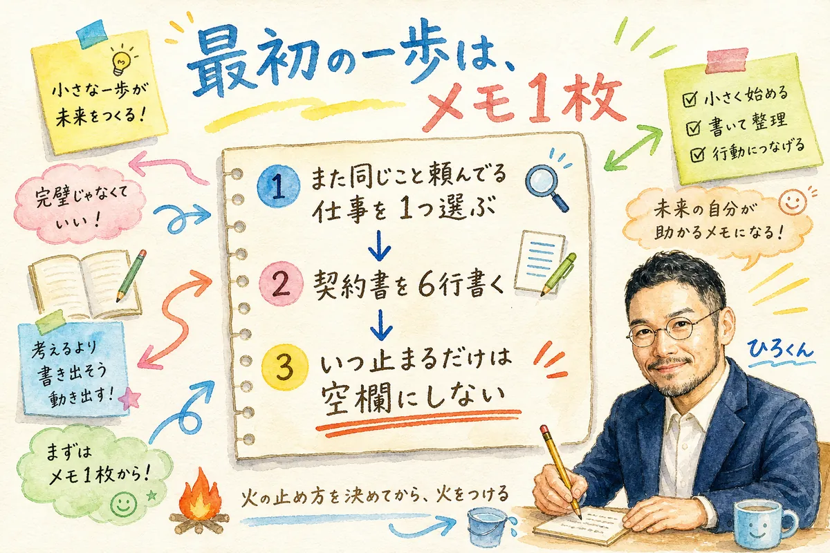 最初の一歩はメモ1枚——契約書を書く3ステップの図解
