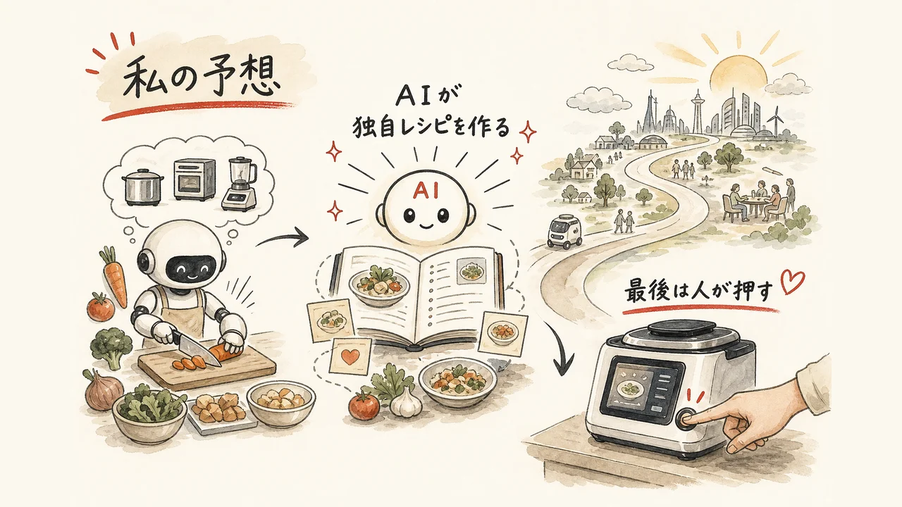 AIが独自レシピを作って家電に送る未来の予想図解