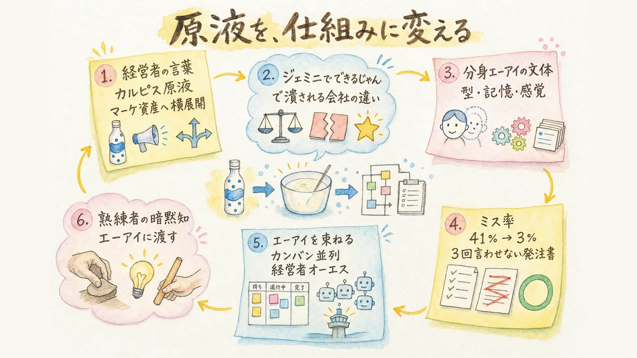 THEME 02 ／ カルピス原液・分身AI・発注書 × 仕組み化 グラレコ図解