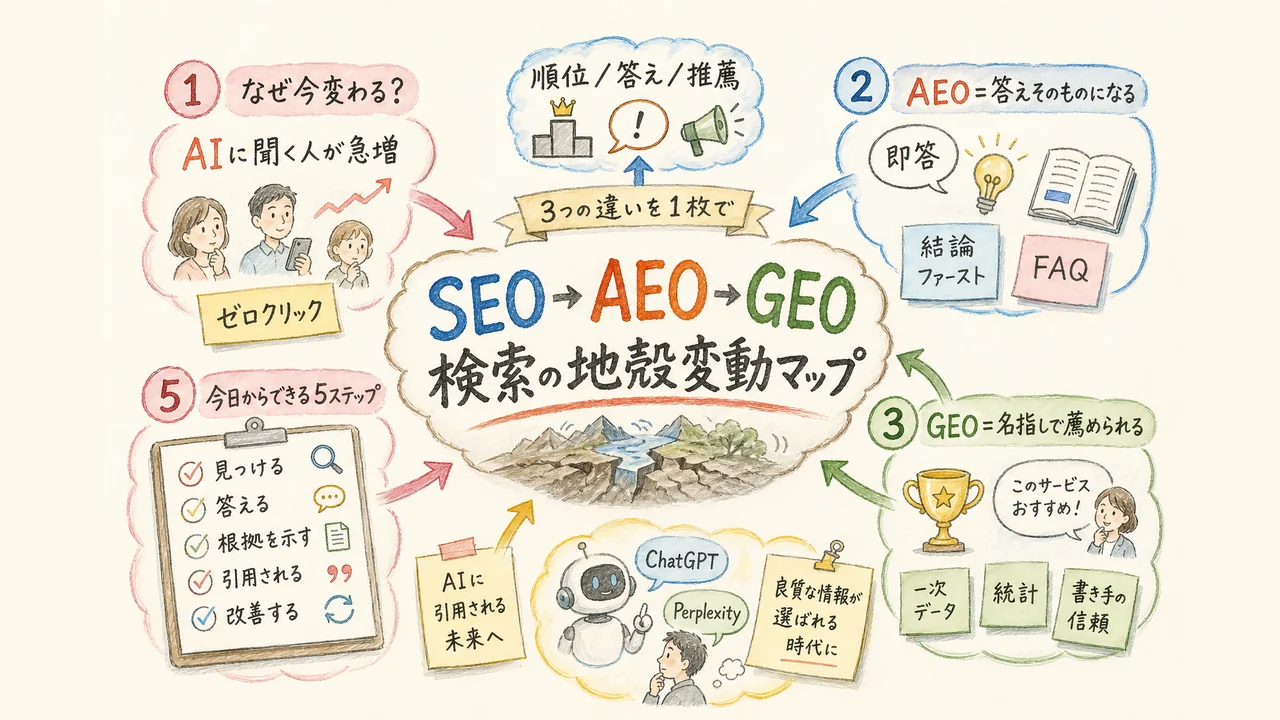 SEO→AEO→GEO 検索の地殻変動マップ：順位・答え・推薦の3段階を1枚で整理した図解