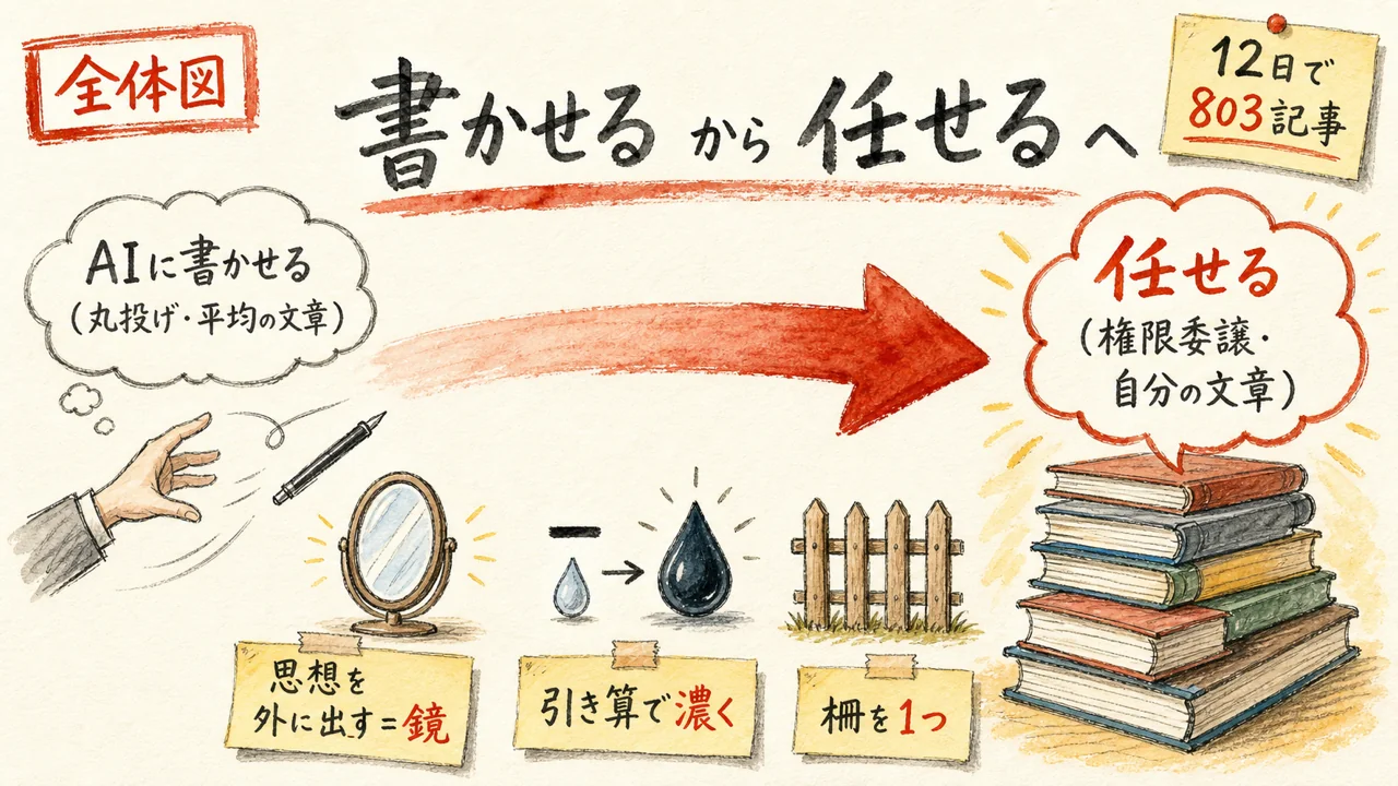 AIに書かせるから任せるへ・思想を外部記憶にする全体像の図解