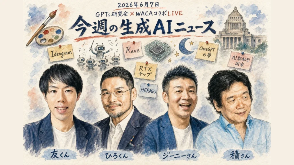 2026年6月7日 GPTs研究会×WACAコラボLIVE 今週の生成AIニュースまとめ全体図（友くん・ひろくん・ジーニーさん・積さん）
