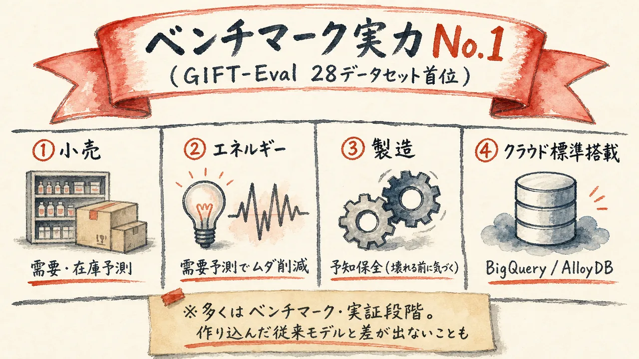 TimesFMのプロの現場での使われ方：小売の需要・在庫予測、エネルギーの需要予測、製造の予知保全、BigQuery/AlloyDBへの標準搭載、ベンチマーク首位を手描き水彩で図解