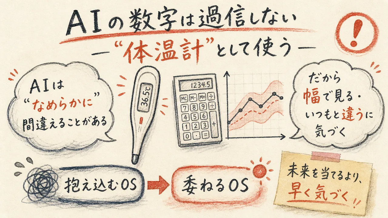 AIの数字を過信せず“数字の体温計”として使う概念図。なめらかに間違えるAIと、幅で見て早く気づく姿勢、委ねるOSへの変化を手描き水彩で図解