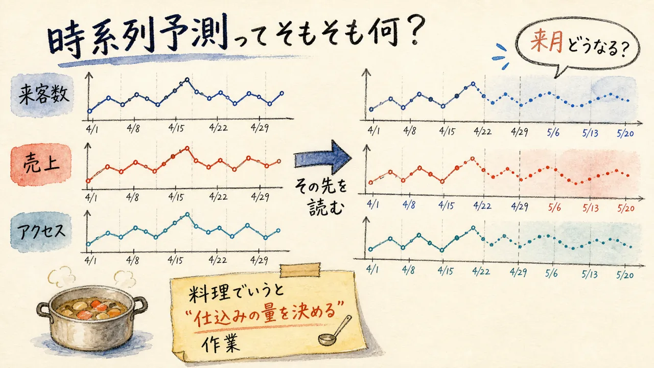時系列予測の概念図：日付つきに並んだ来客数・売上・アクセスの数字から、その続き（来月）を読む様子を手描き水彩で図解