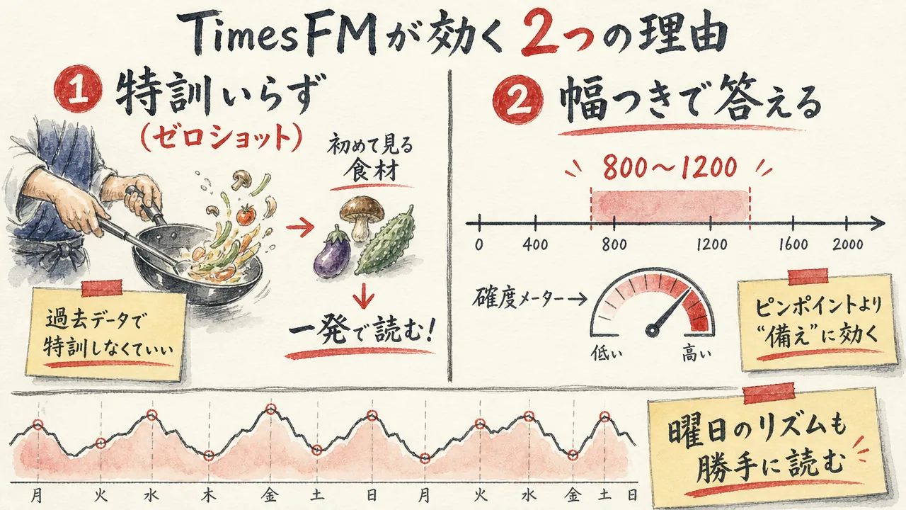 TimesFMの2つの強みの概念図：左に特訓いらず（ゼロショット）、右に幅つきの答え、下に曜日のリズムも読む様子を手描き水彩で図解