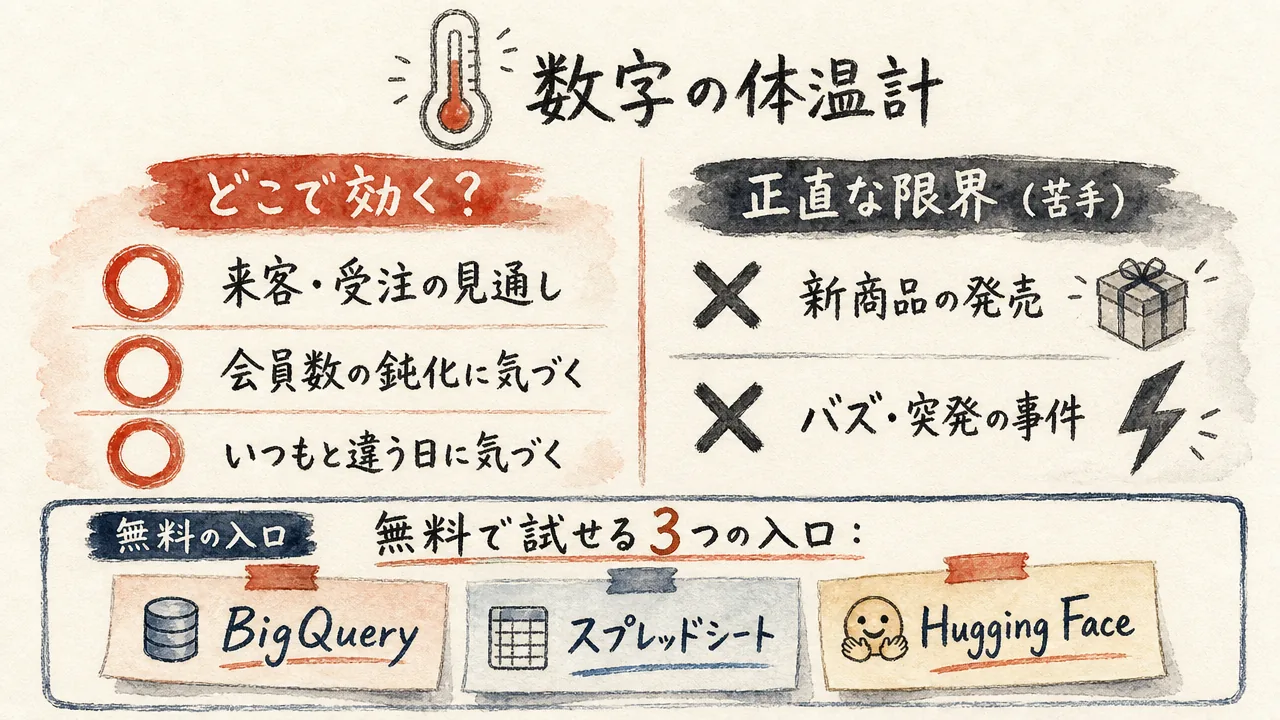 TimesFMが効く場面と限界の比較図：左に来客・会員数・異常検知、右に新商品やバズは読めない、中央に数字の体温計、下に無料の入口3つを手描き水彩で図解