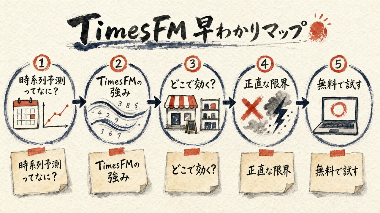 TimesFM早わかりマップ：時系列予測とは→TimesFMの強み→どこで効く→限界→無料で試す、の全体像を手描き水彩で図解