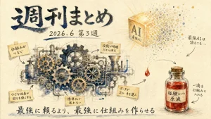 2026年6月3週 週刊GPTs研究会ダイジェストの全体俯瞰グラフィックレコーディング（最強AIが消えても仕組みで仕事が回る・経験という原液）