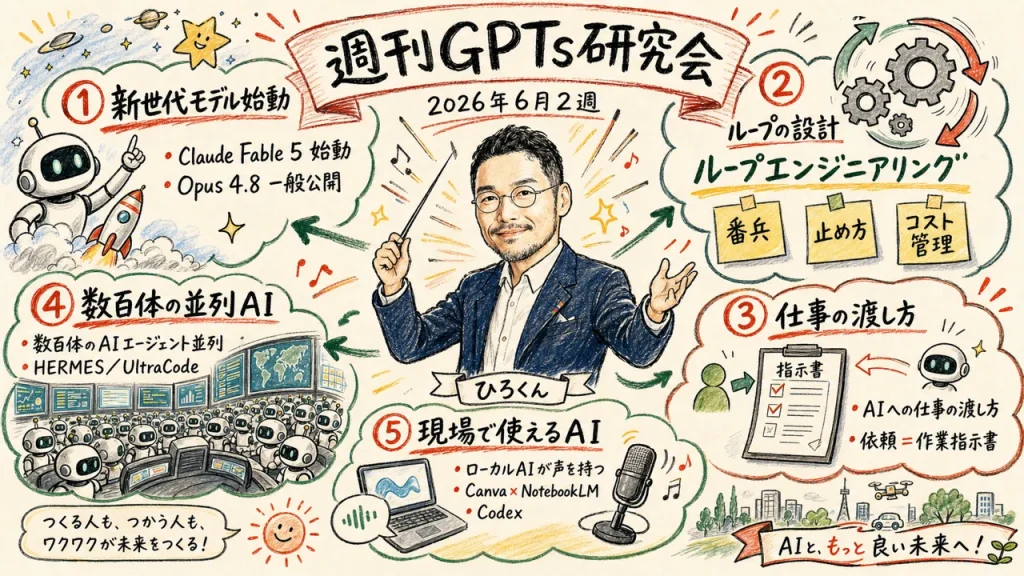 2026年6月2週 週刊GPTs研究会ダイジェストの全体俯瞰グラフィックレコーディング（Fable 5始動・ループエンジニアリング・AIへの仕事の渡し方）
