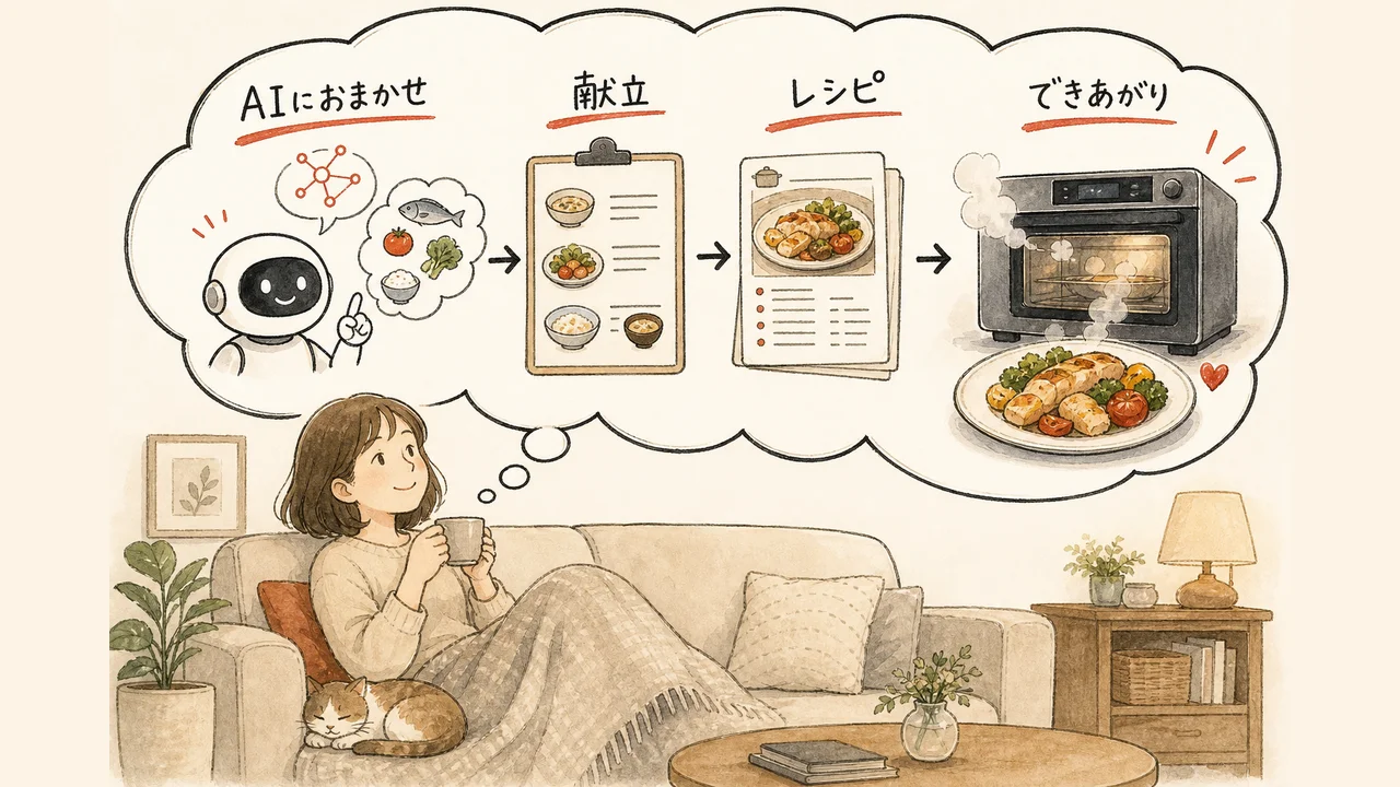AIが独自レシピを作ってヘルシオに送る夢の図解