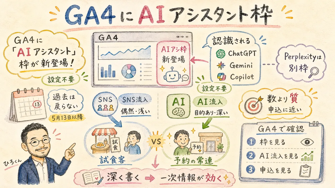 GA4にAIアシスタント枠が登場：新登場・認識AI・落とし穴・SNSとAI流入の違い・3ステップを1枚で整理した図解