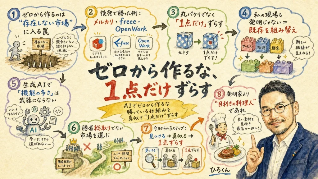 AIでゼロから作るな・勝っている仕組みを真似て1点だけずらす 全体図解