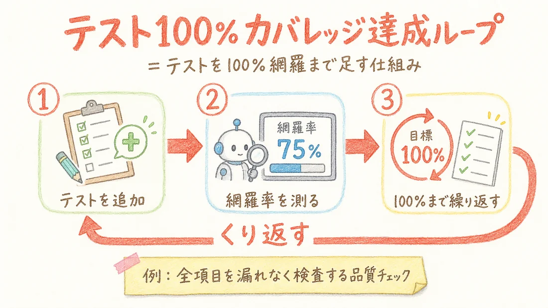 テスト100%カバレッジ達成ループの図解(番号付き手順)