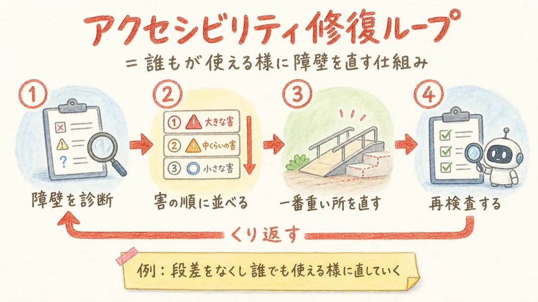 アクセシビリティ修復ループの図解(番号付き手順)