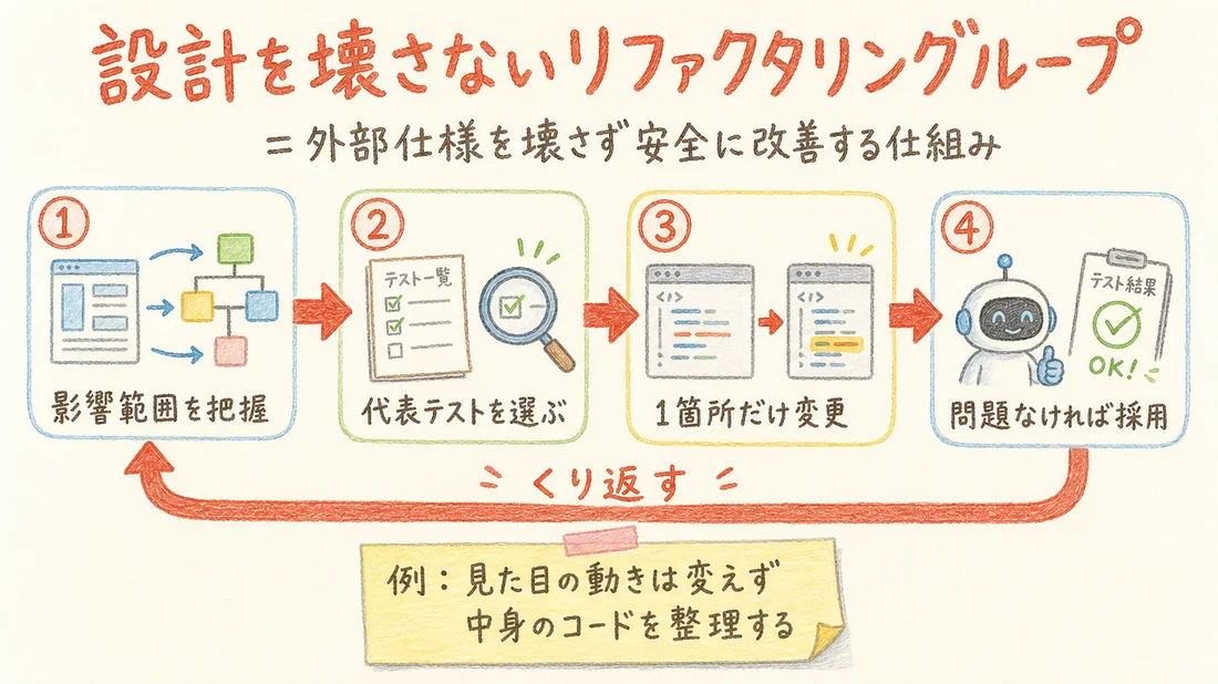 設計を壊さないリファクタリングループの図解(番号付き手順)