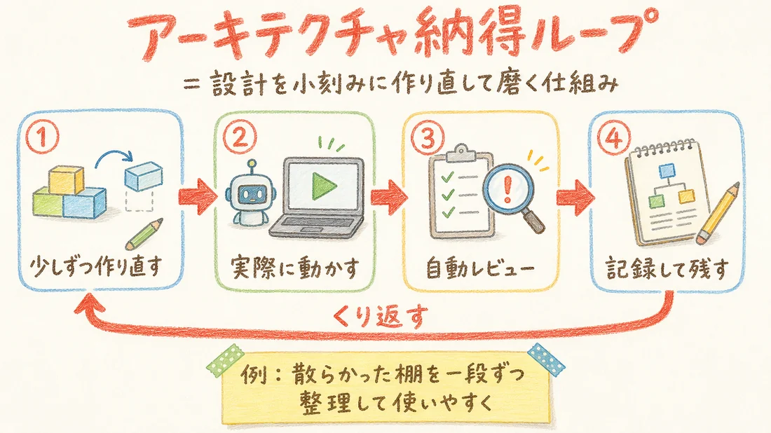 アーキテクチャ納得ループの図解(番号付き手順)