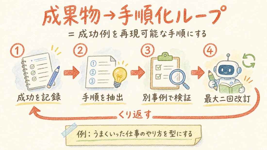 成果物→手順化ループの図解(番号付き手順)