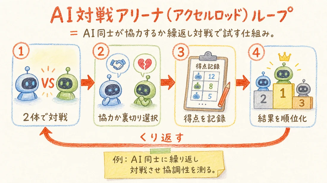 AI対戦アリーナ(アクセルロッド)ループの図解(番号付き手順)