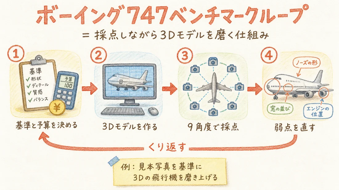 ボーイング747ベンチマークループの図解(番号付き手順)