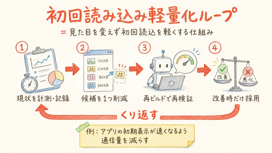 初回読み込み軽量化ループの図解(番号付き手順)