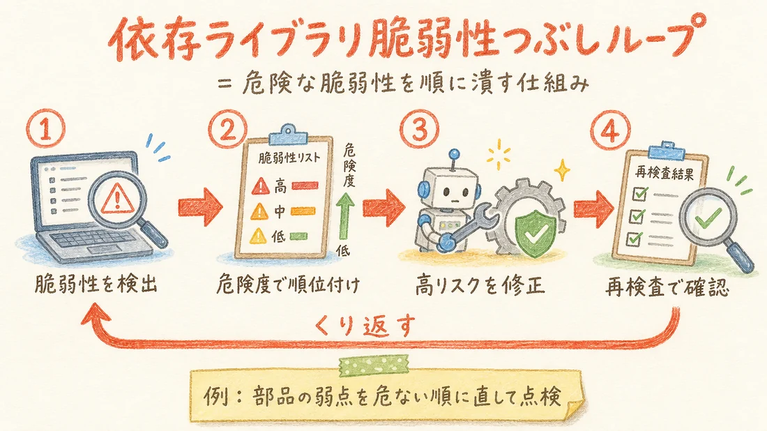 依存ライブラリ脆弱性つぶしループの図解(番号付き手順)