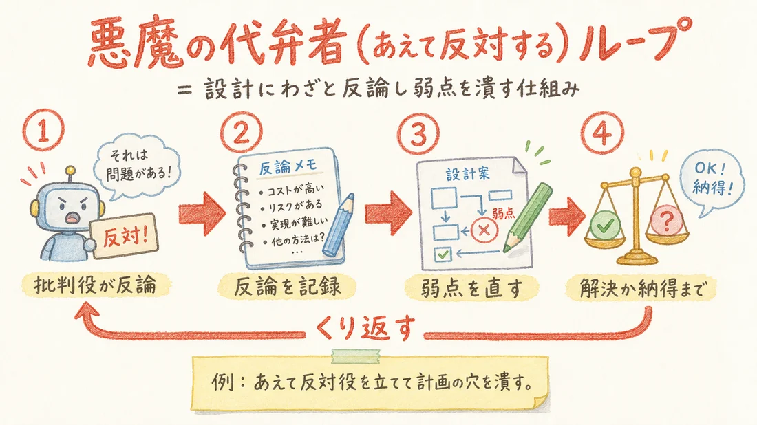 悪魔の代弁者(あえて反対する)ループの図解(番号付き手順)