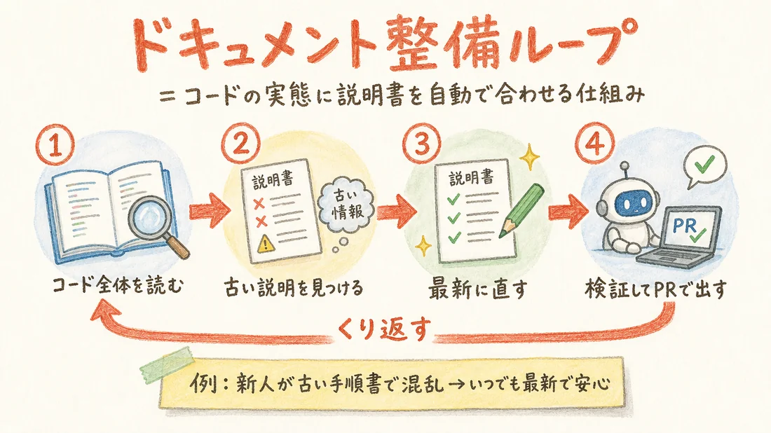 ドキュメント整備ループの図解(番号付き手順)