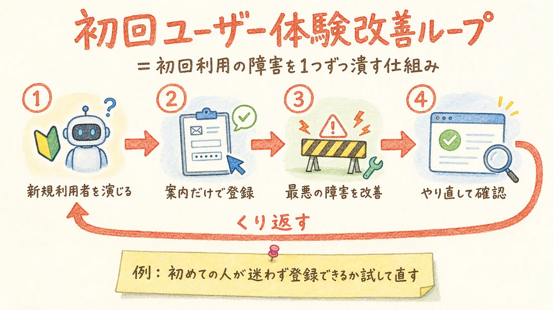 初回ユーザー体験改善ループの図解(番号付き手順)