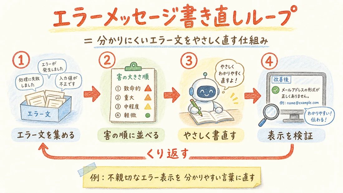 エラーメッセージ書き直しループの図解(番号付き手順)