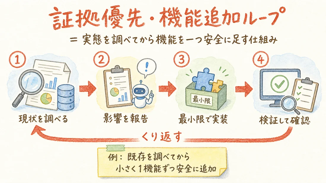 証拠優先・機能追加ループの図解(番号付き手順)