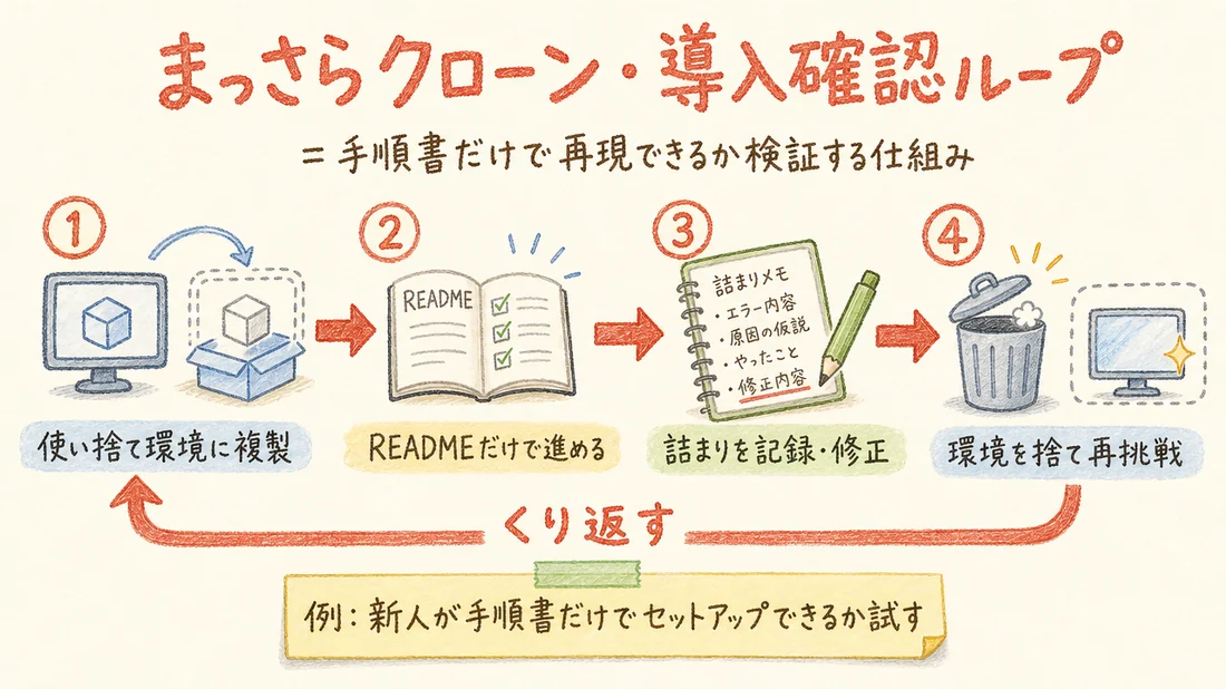 まっさらクローン・導入確認ループの図解(番号付き手順)