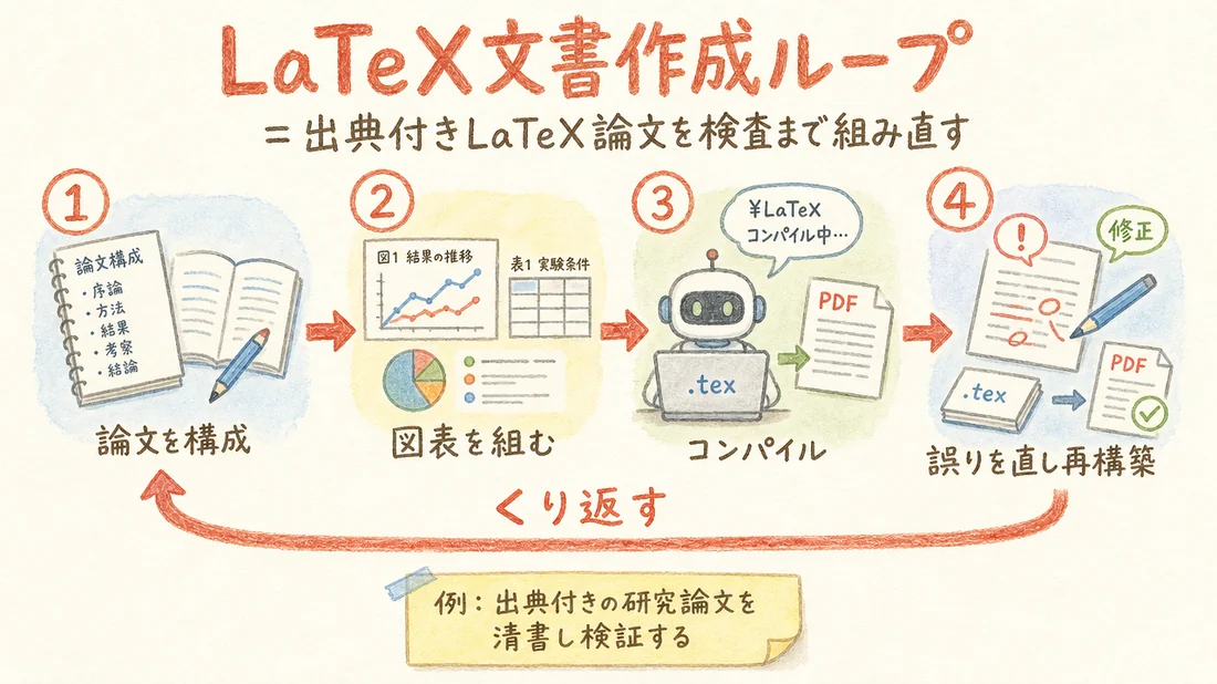 LaTeX文書作成ループの図解(番号付き手順)