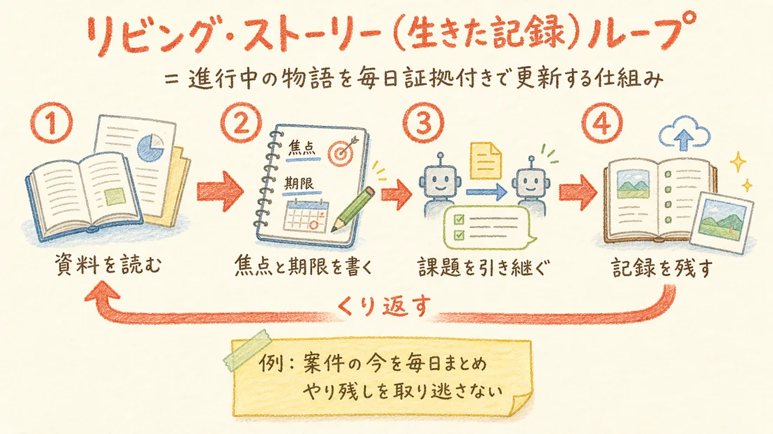 リビング・ストーリー(生きた記録)ループの図解(番号付き手順)