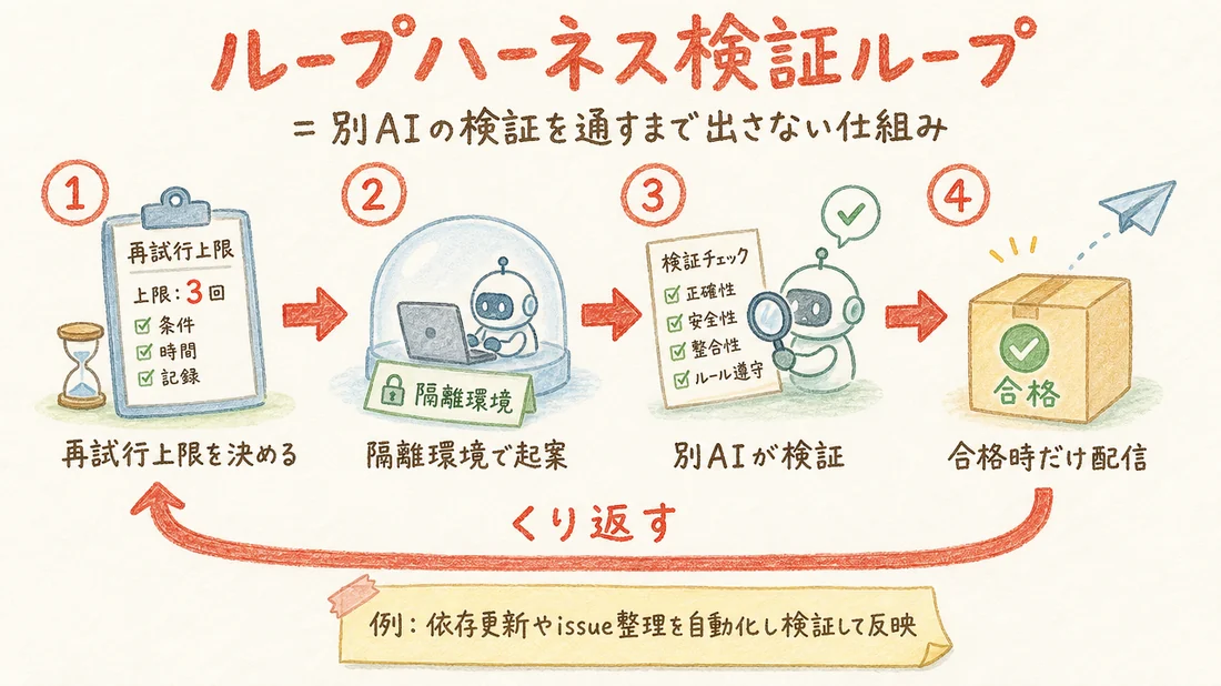 ループハーネス検証ループの図解(番号付き手順)