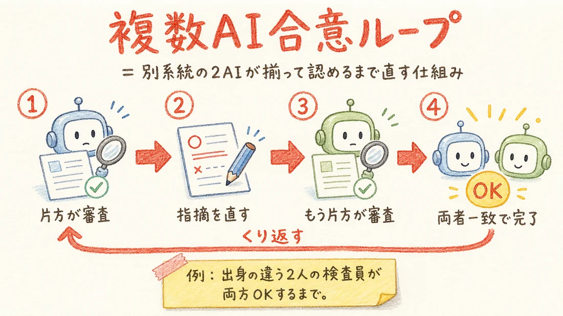 複数AI合意ループの図解(番号付き手順)