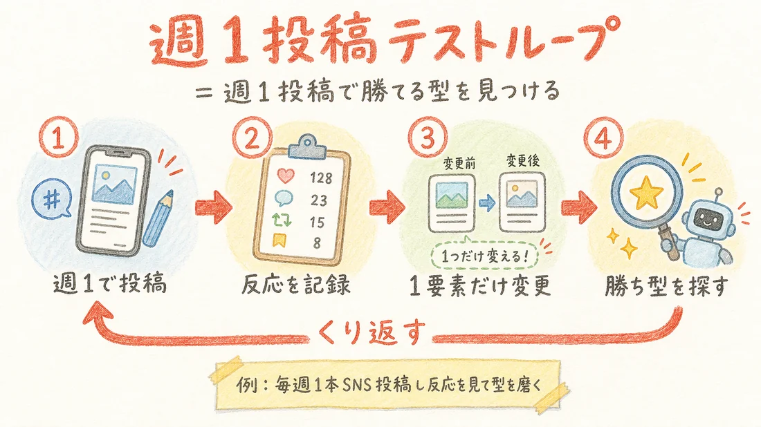 週1投稿テストループの図解(番号付き手順)