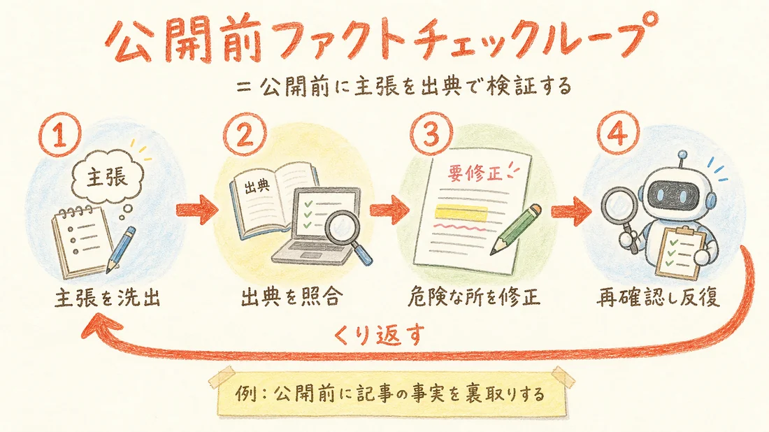 公開前ファクトチェックループの図解(番号付き手順)