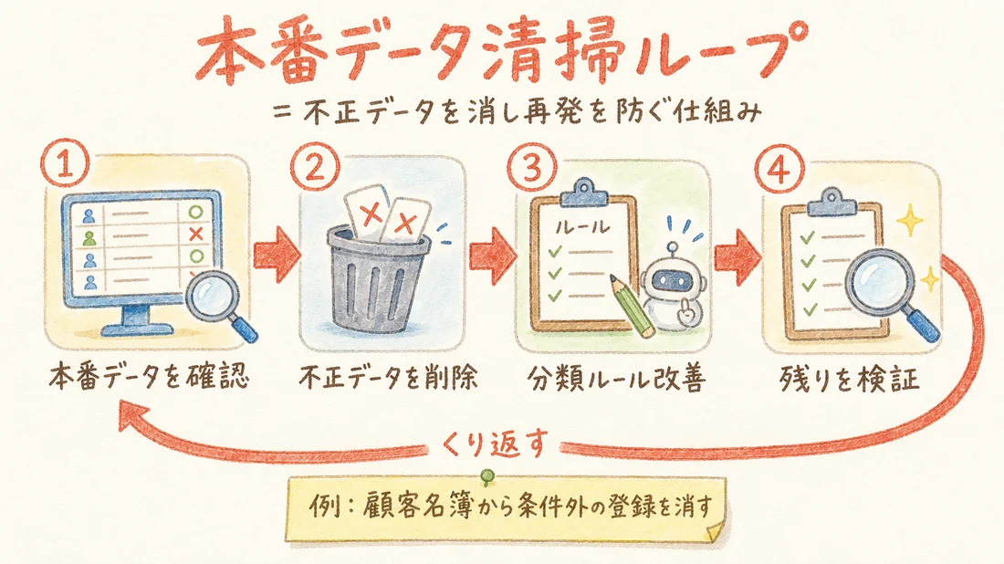本番データ清掃ループの図解(番号付き手順)