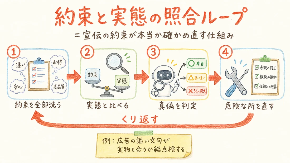 約束と実態の照合ループの図解(番号付き手順)