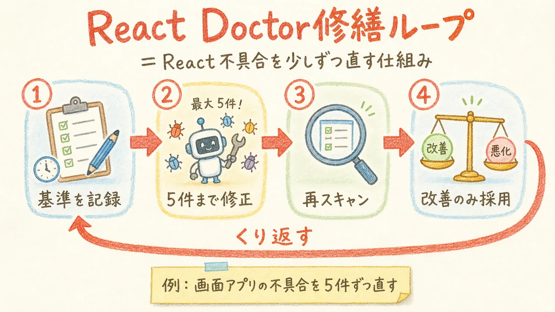 React Doctor修繕ループの図解(番号付き手順)