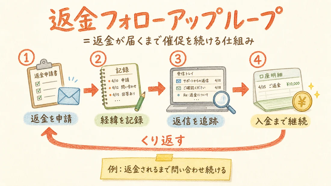 返金フォローアップループの図解(番号付き手順)