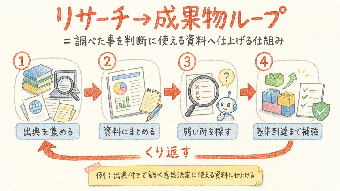 リサーチ→成果物ループの図解(番号付き手順)