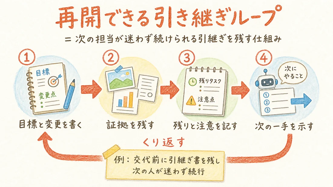 再開できる引き継ぎループの図解(番号付き手順)