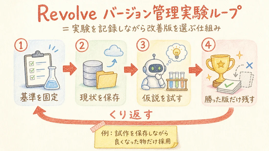 Revolve バージョン管理実験ループの図解(番号付き手順)