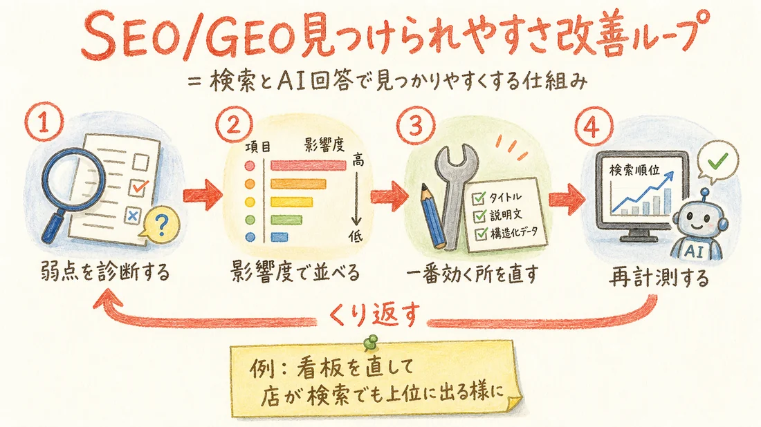 SEO/GEO見つけられやすさ改善ループの図解(番号付き手順)