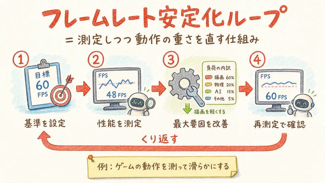 フレームレート安定化ループの図解(番号付き手順)