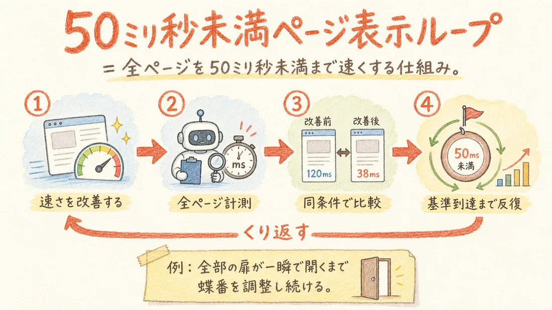 50ミリ秒未満ページ表示ループの図解(番号付き手順)