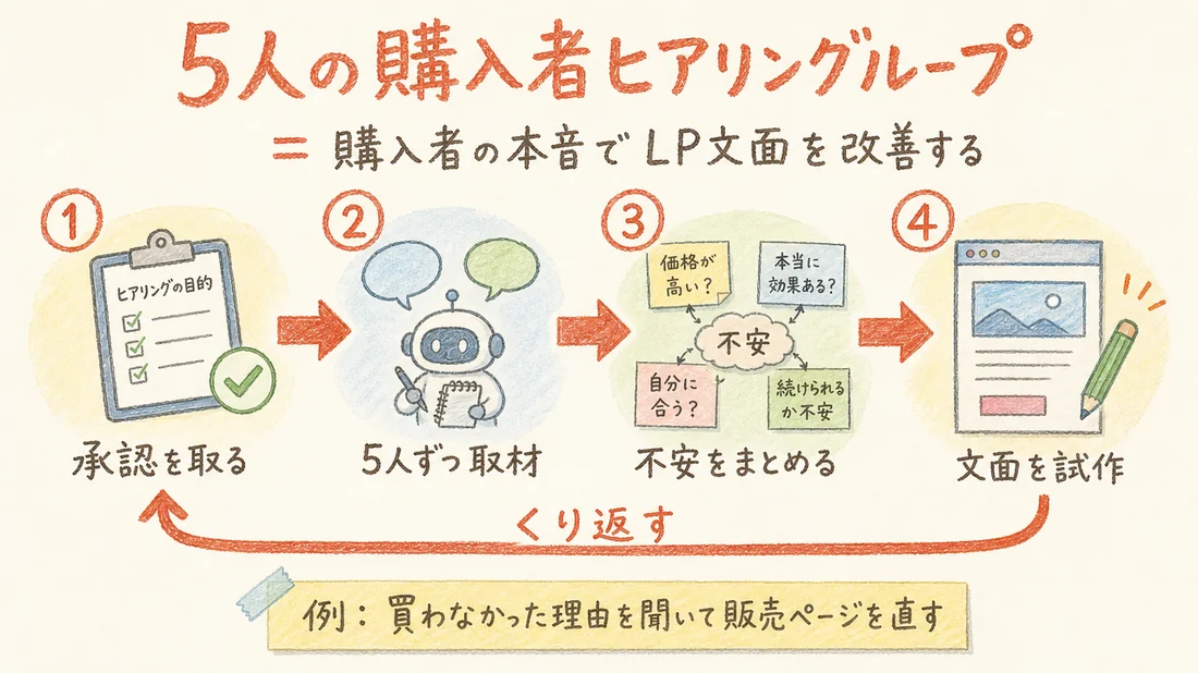 5人の購入者ヒアリングループの図解(番号付き手順)